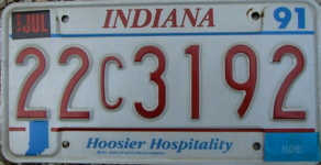 Indiana License Plate, 1991 type